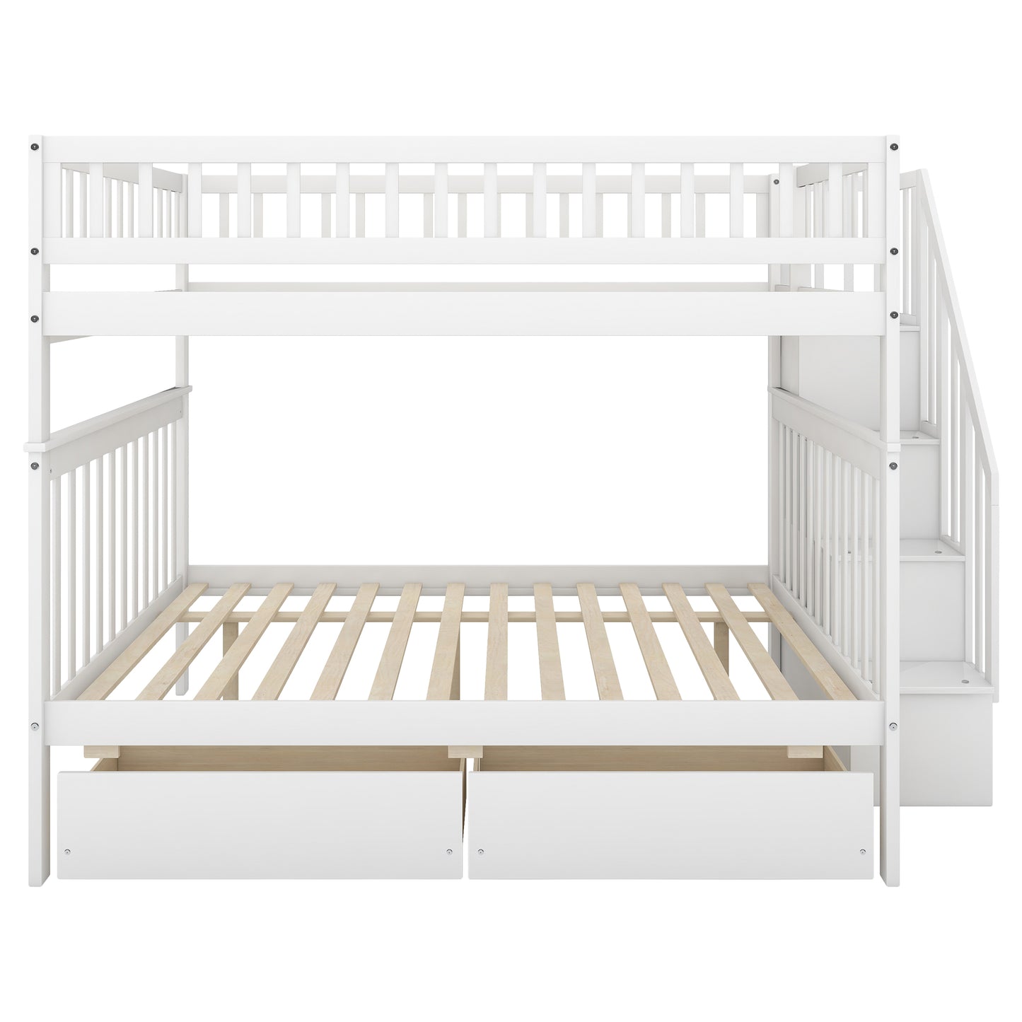 White wooden bunk bed with stairs and two drawers