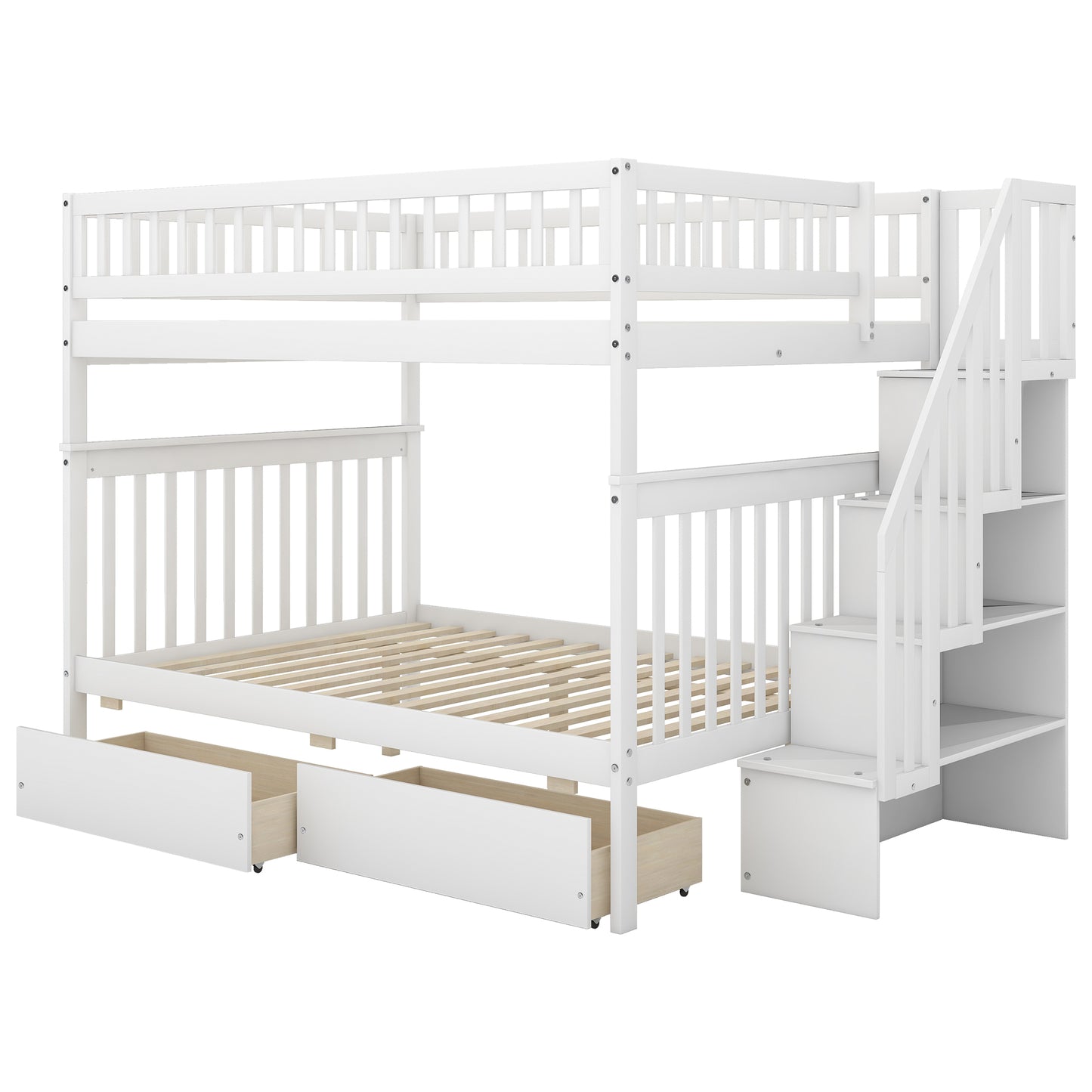 White wooden twin over twin bunk bed with storage drawers and steps
