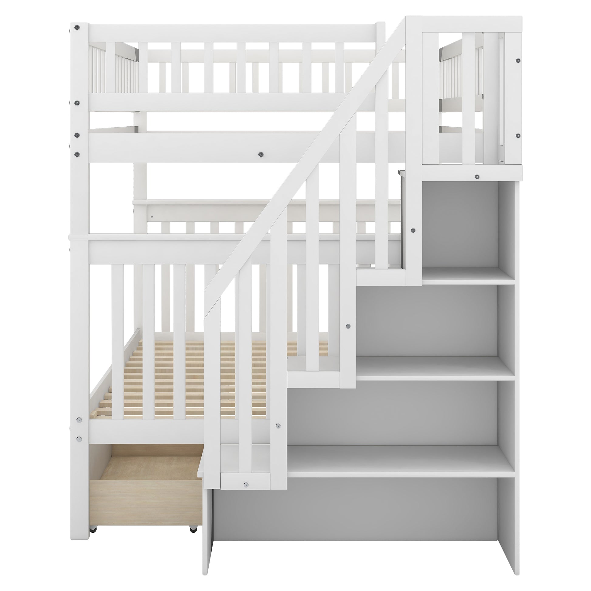 White wooden bunk bed with stairs and storage drawers for kids rooms