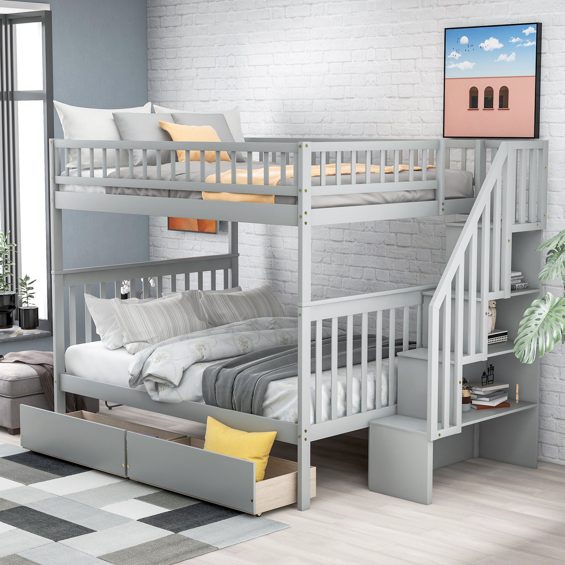 Gray wooden bunk bed with stairs and storage drawers