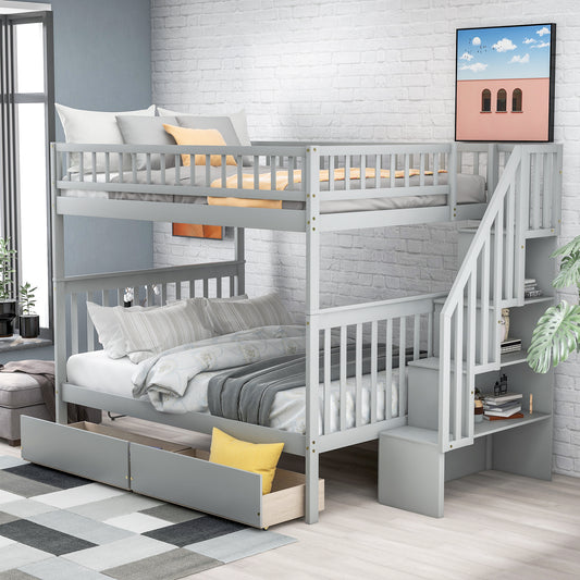 Gray wooden bunk bed with stairs and storage drawers