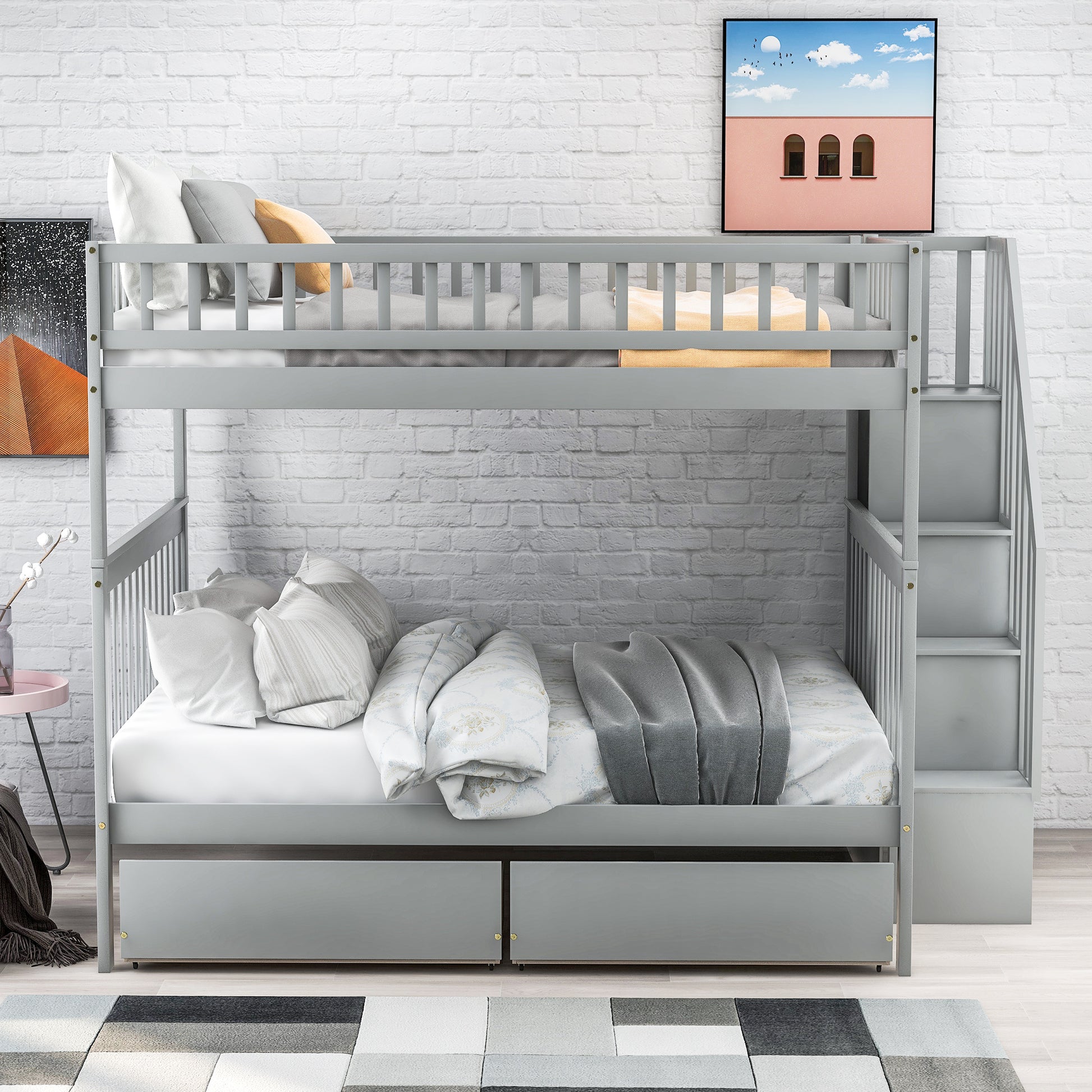 Gray wooden bunk bed with stairs and drawers