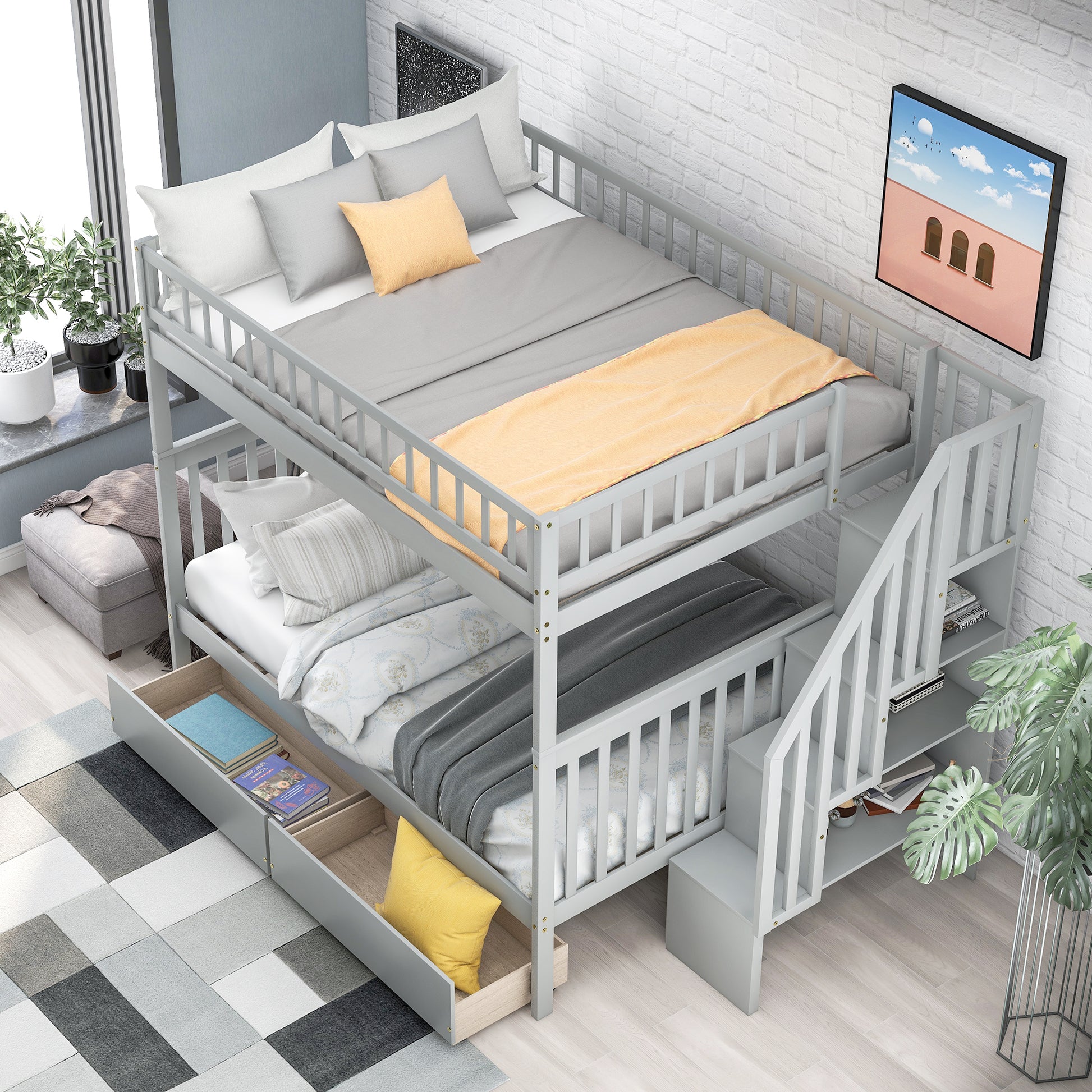 Gray triple bunk bed with storage stairs and drawers