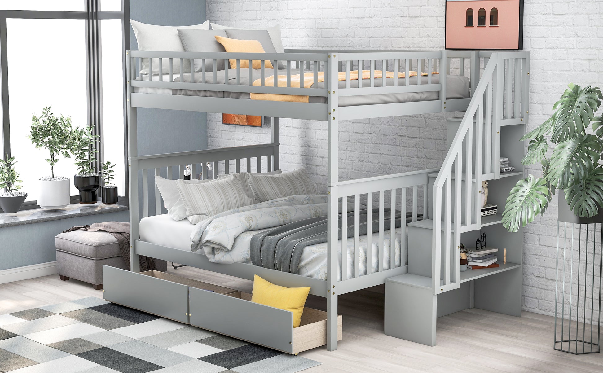 Gray wooden bunk bed with stairs and storage drawers