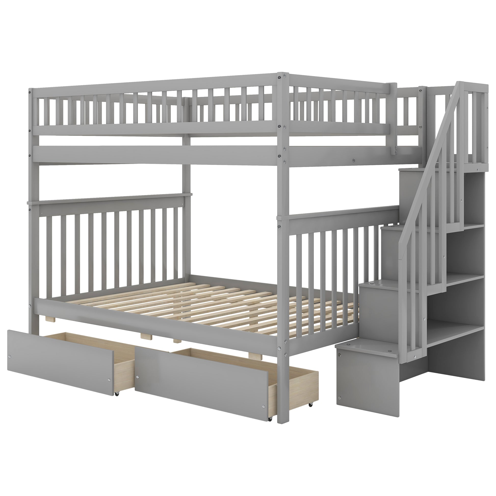 Gray wooden bunk bed with stairs and storage drawers
