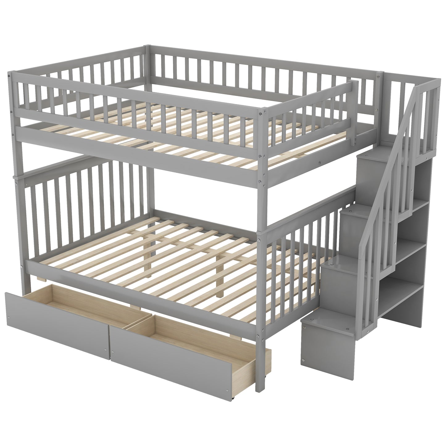 Gray wooden twin over twin bunk bed with stairs and drawers
