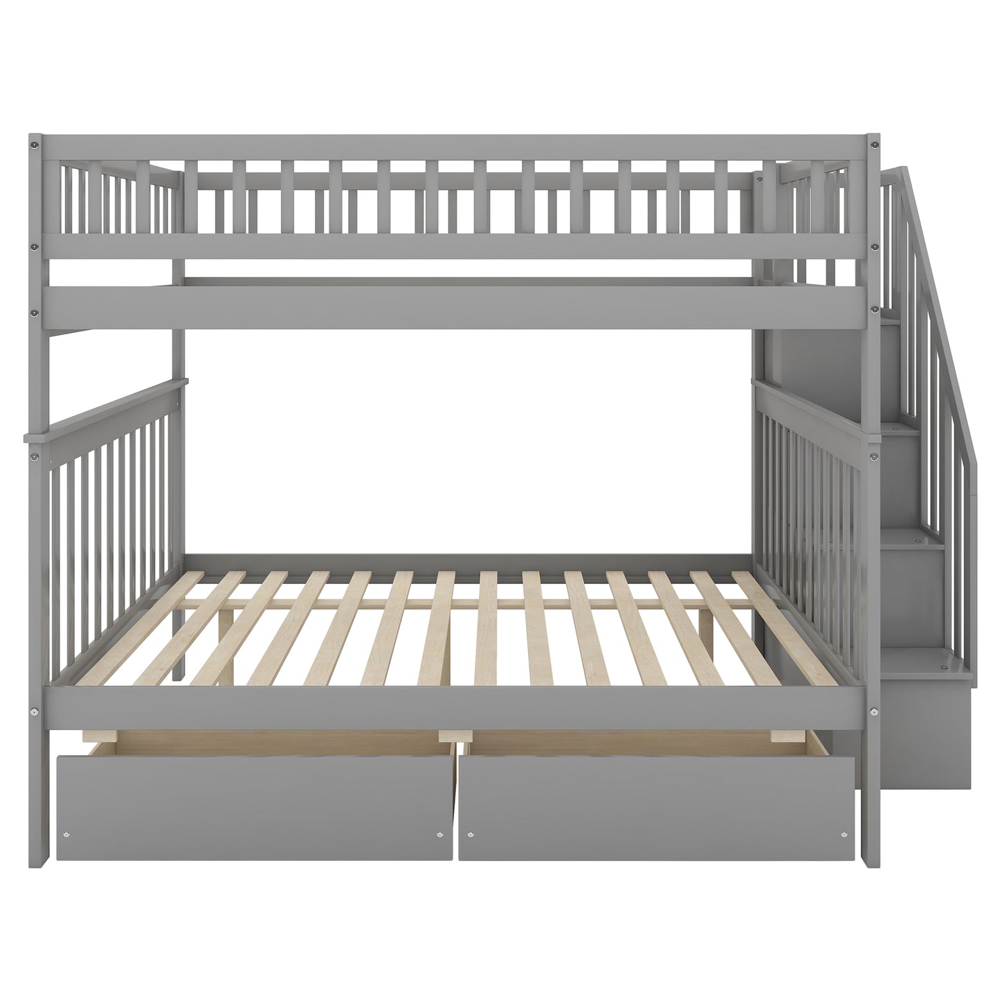 Gray wooden bunk bed with ladder and storage drawers
