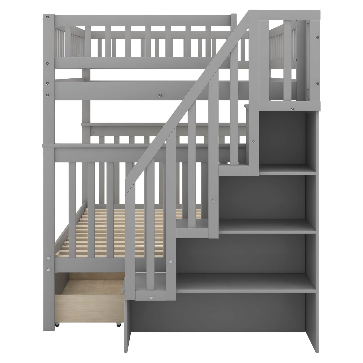 Gray wooden bunk bed with stairs and storage drawers