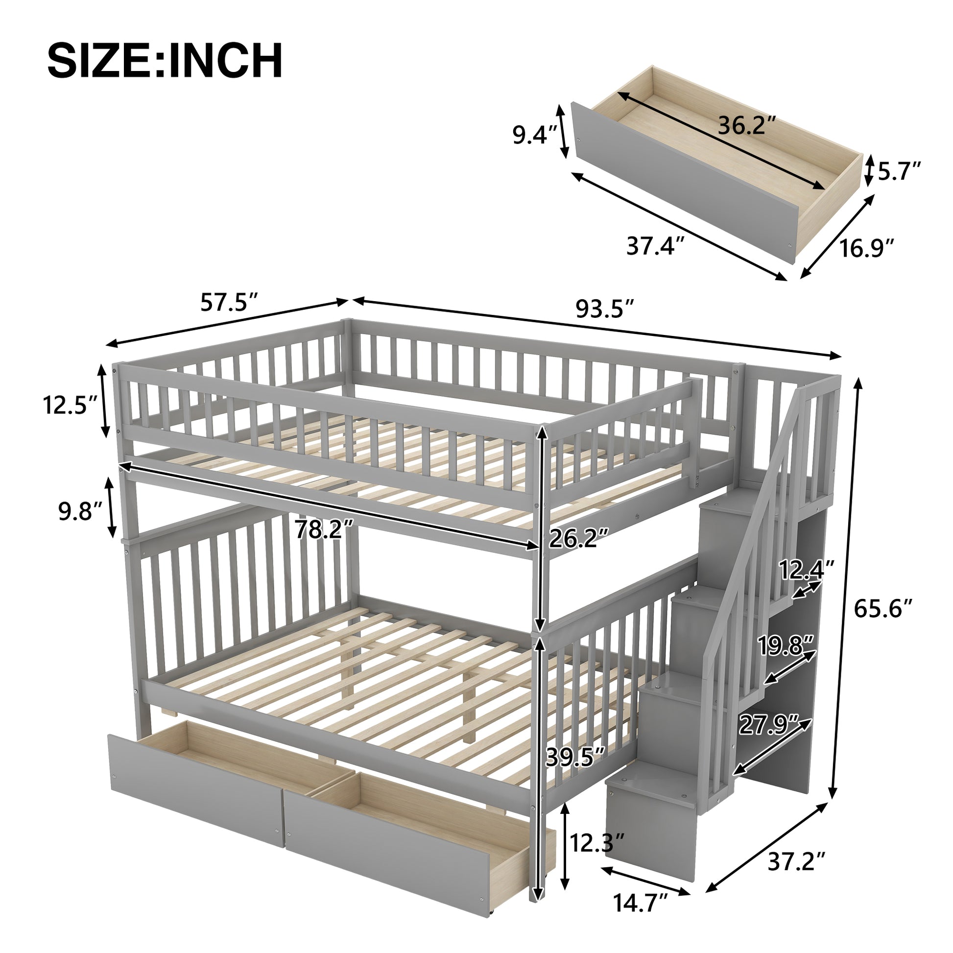 Grey wooden twinovertwin bunk bed with storage drawers and staircase