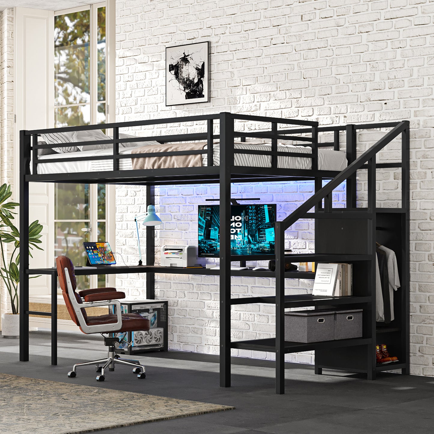 TREATLIFE HOME Full Size Metal Loft Bed with L-Shaped Desk and USB, Stylish Black Design, Includes Wardrobe and Adjustable Shelf