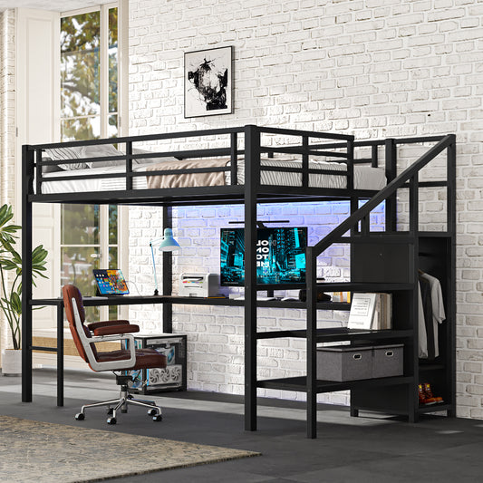 TREATLIFE HOME Full Size Metal Loft Bed with L-Shaped Desk and USB, Stylish Black Design, Includes Wardrobe and Adjustable Shelf