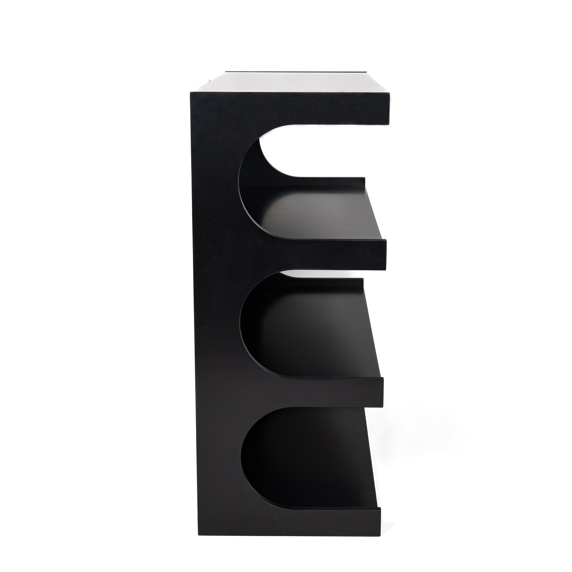 Black modern shelving unit with open curved sides