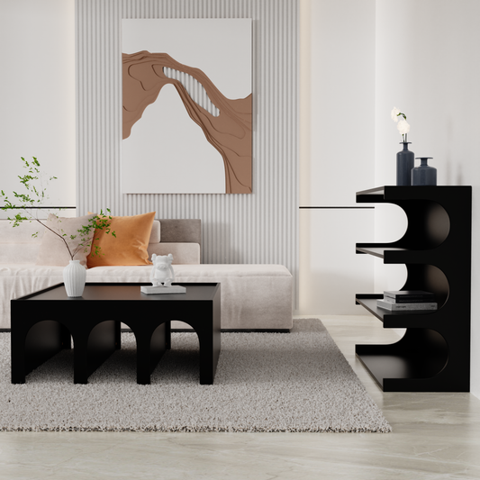 Black arch leg coffee table with white vase