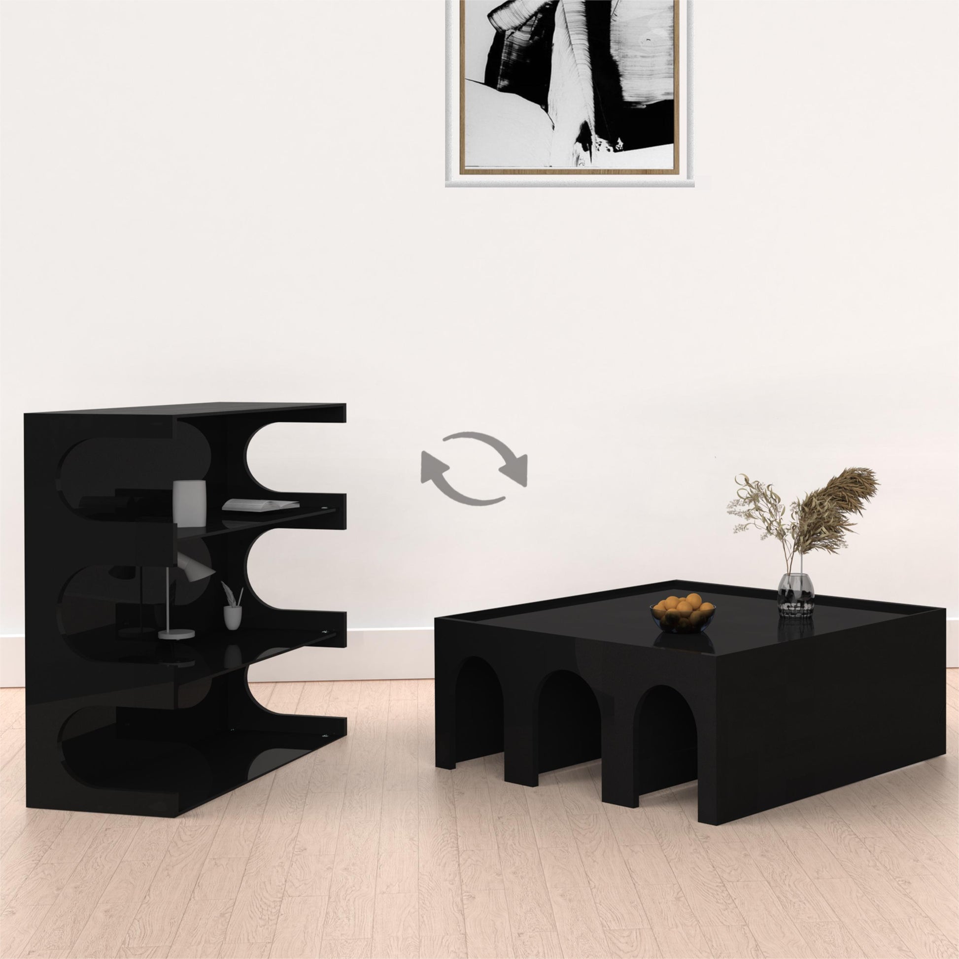 Black arched coffee table with rounded legs