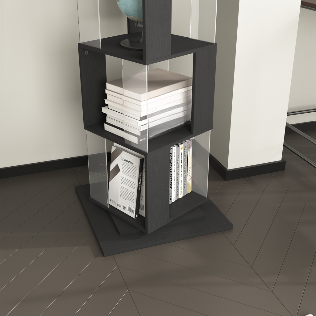Modern dark gray rotating bookshelf with clear acrylic shelves