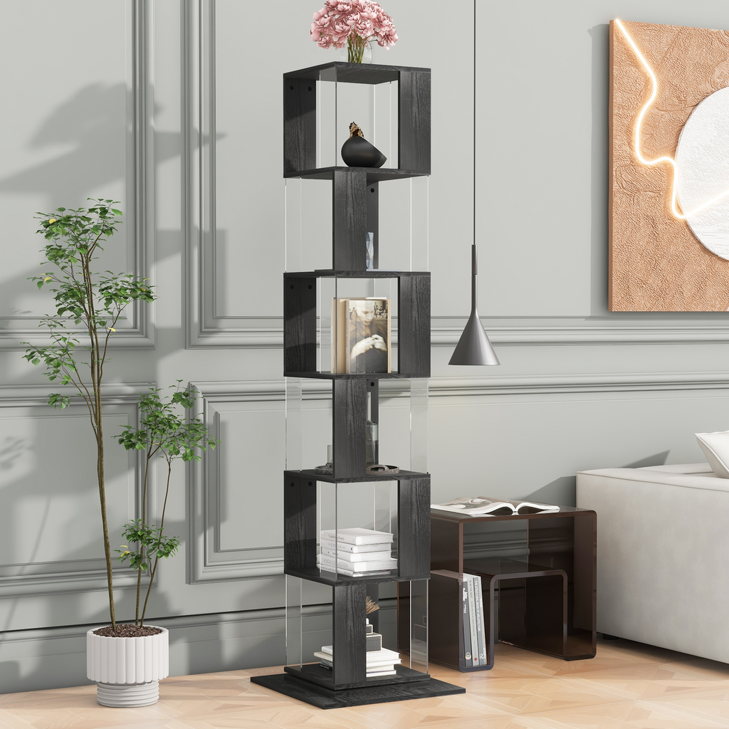 Black wooden cube bookshelf with clear acrylic panels