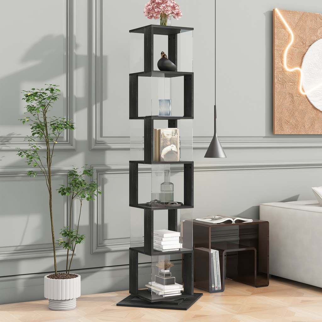 Tall black wood bookshelf with clear acrylic shelves and decorative items