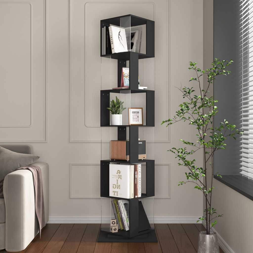 Black modern rotating bookshelf with clear acrylic panels