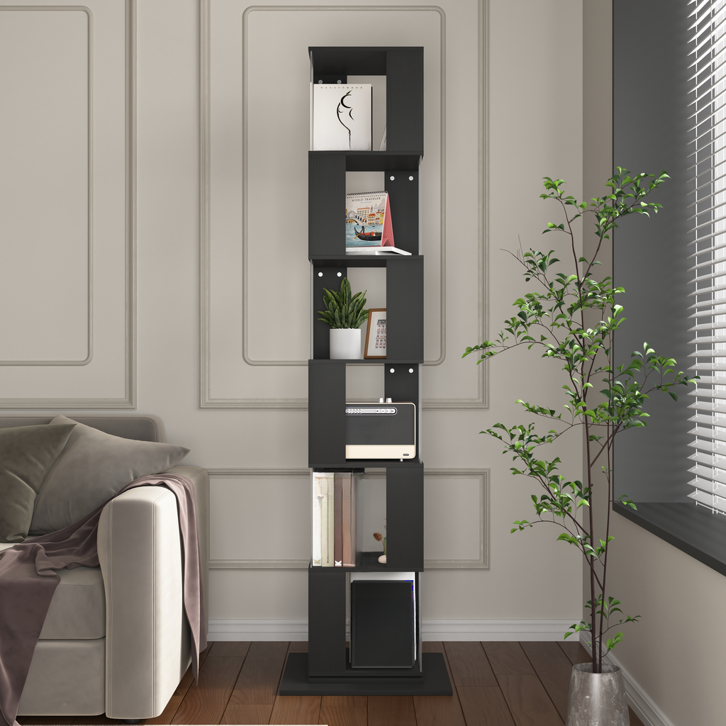 Black modern bookshelf with staggered shelves