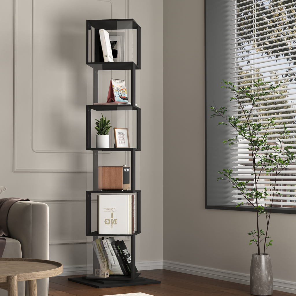 Tall black metal cube bookshelf with books and decor