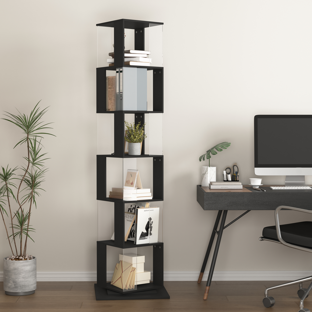 Modern black shelving unit with clear acrylic dividers