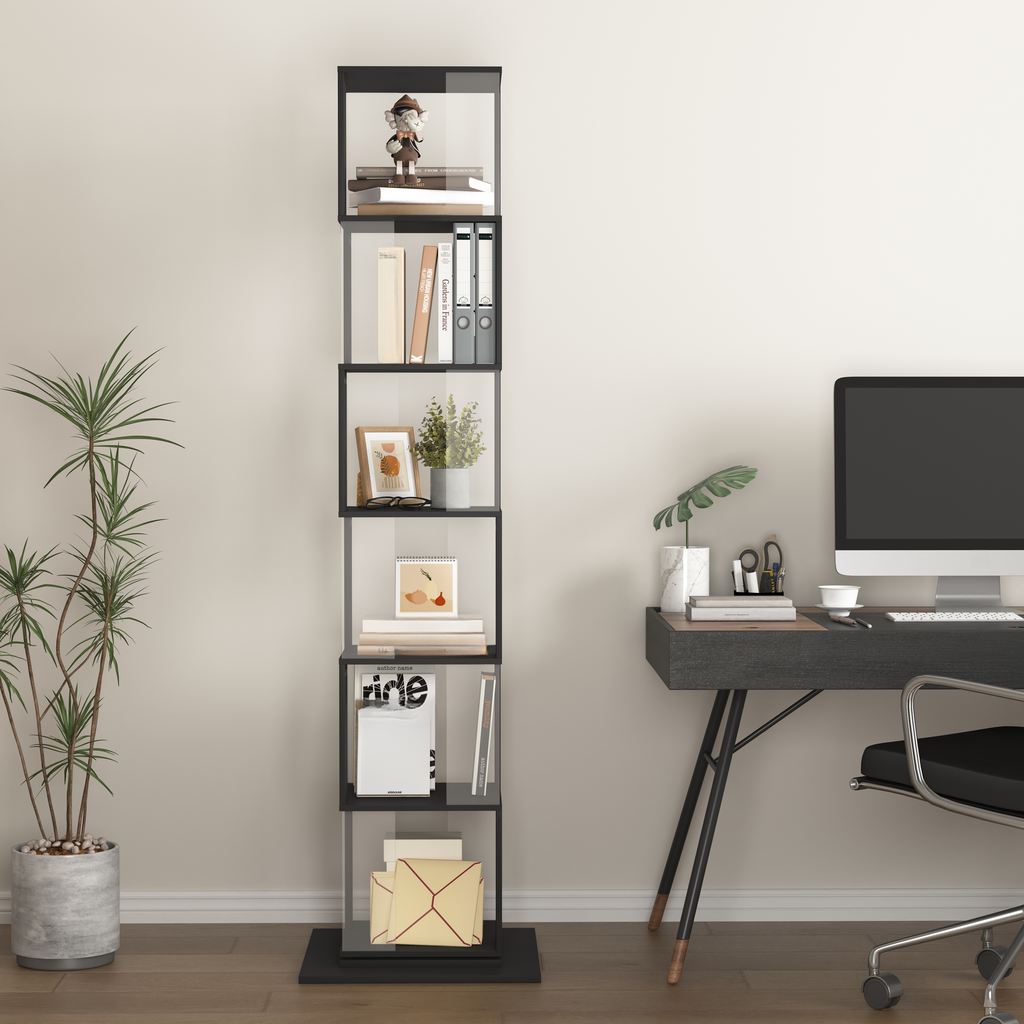 Tall black modern bookshelf with books and decor