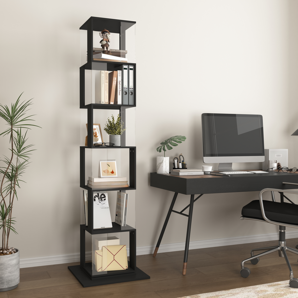 Modern black tall bookshelf with clear acrylic shelves