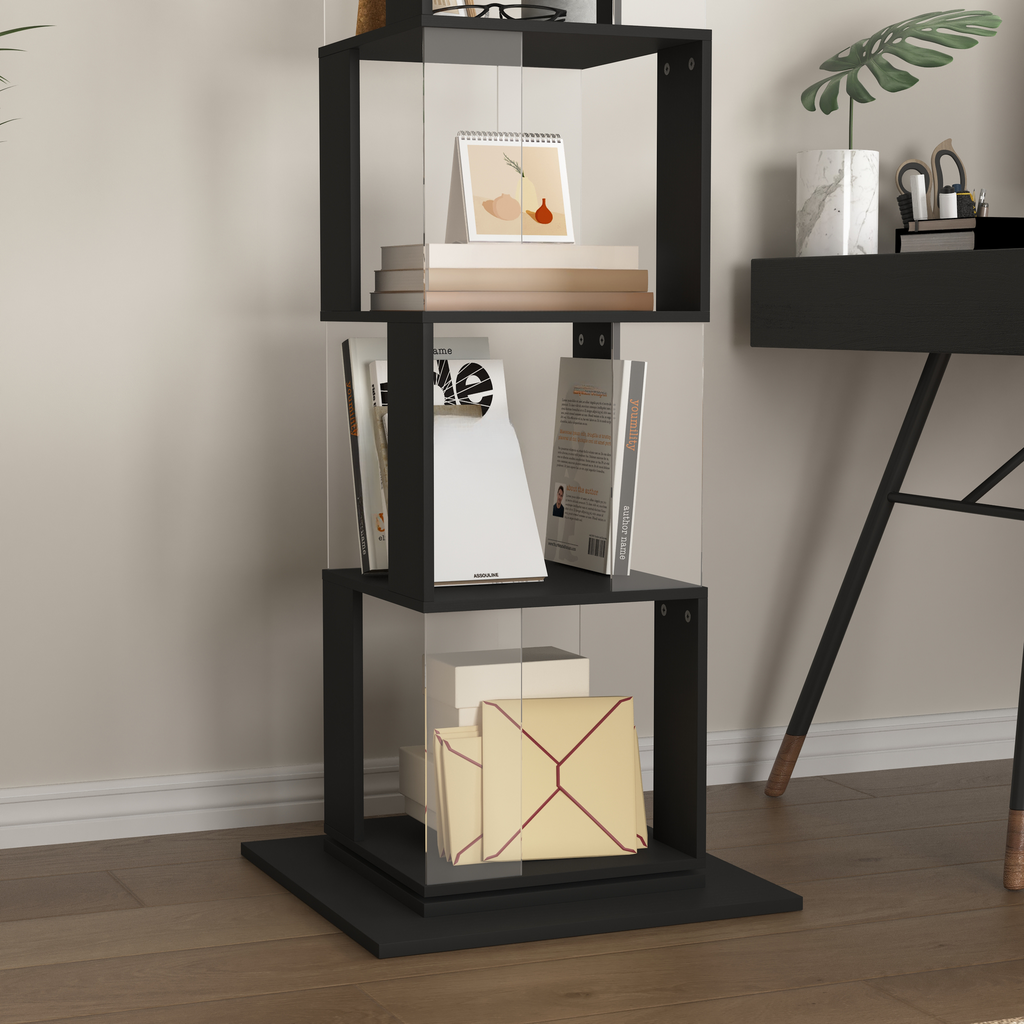 Modern black modular shelving unit with clear acrylic dividers for display