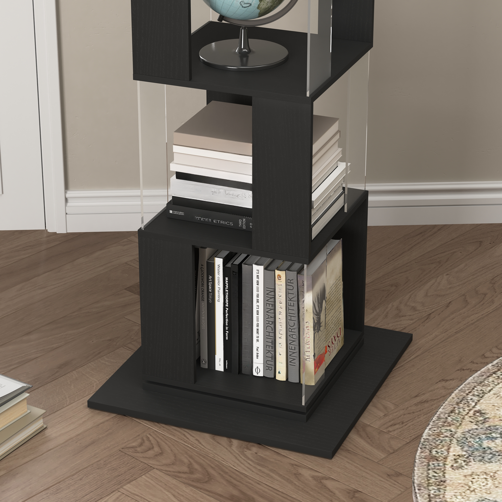 Modern black wood bookshelf with clear acrylic panels and a globe
