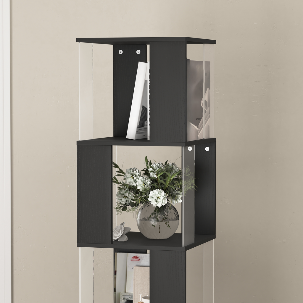 Modern black cube bookshelf with clear acrylic accents