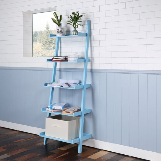 Light blue ladder bookshelf with four shelves