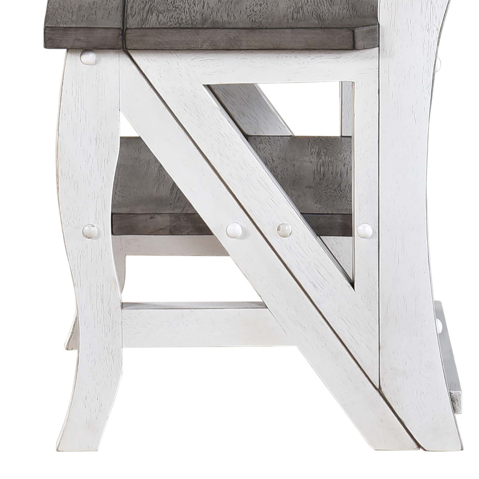 Rustic white and gray wooden bench detail