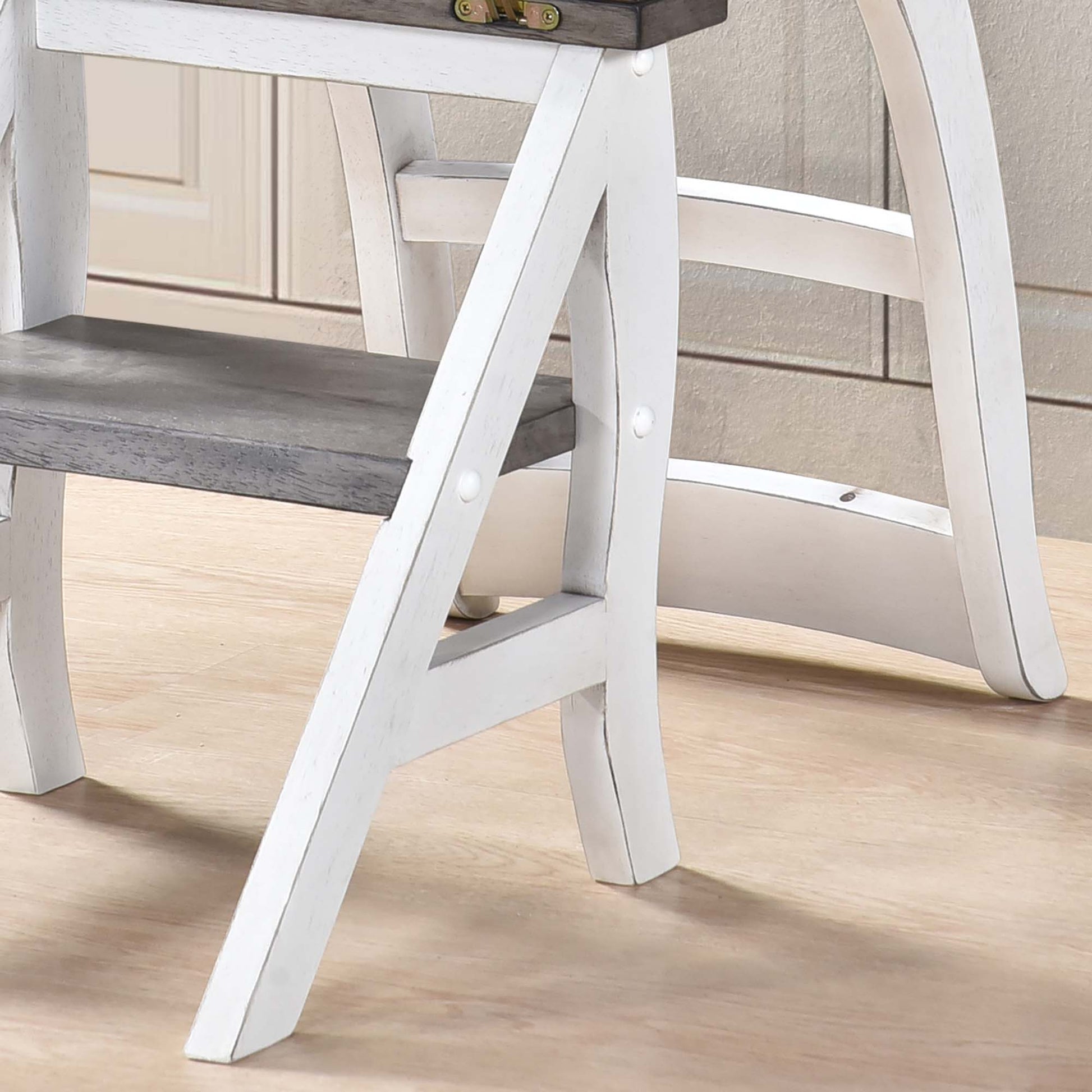 Distressed white Aframe step stool with gray wood seat and accents