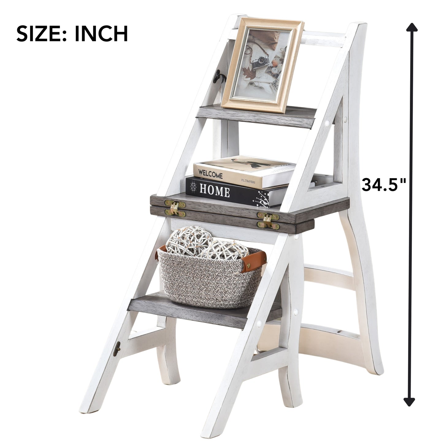 White wooden step stool with distressed finish holds books and decorative balls