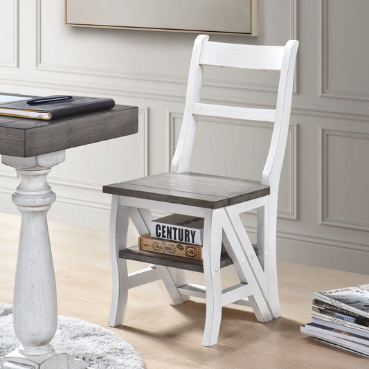 White and grey step stool chair with wooden seat