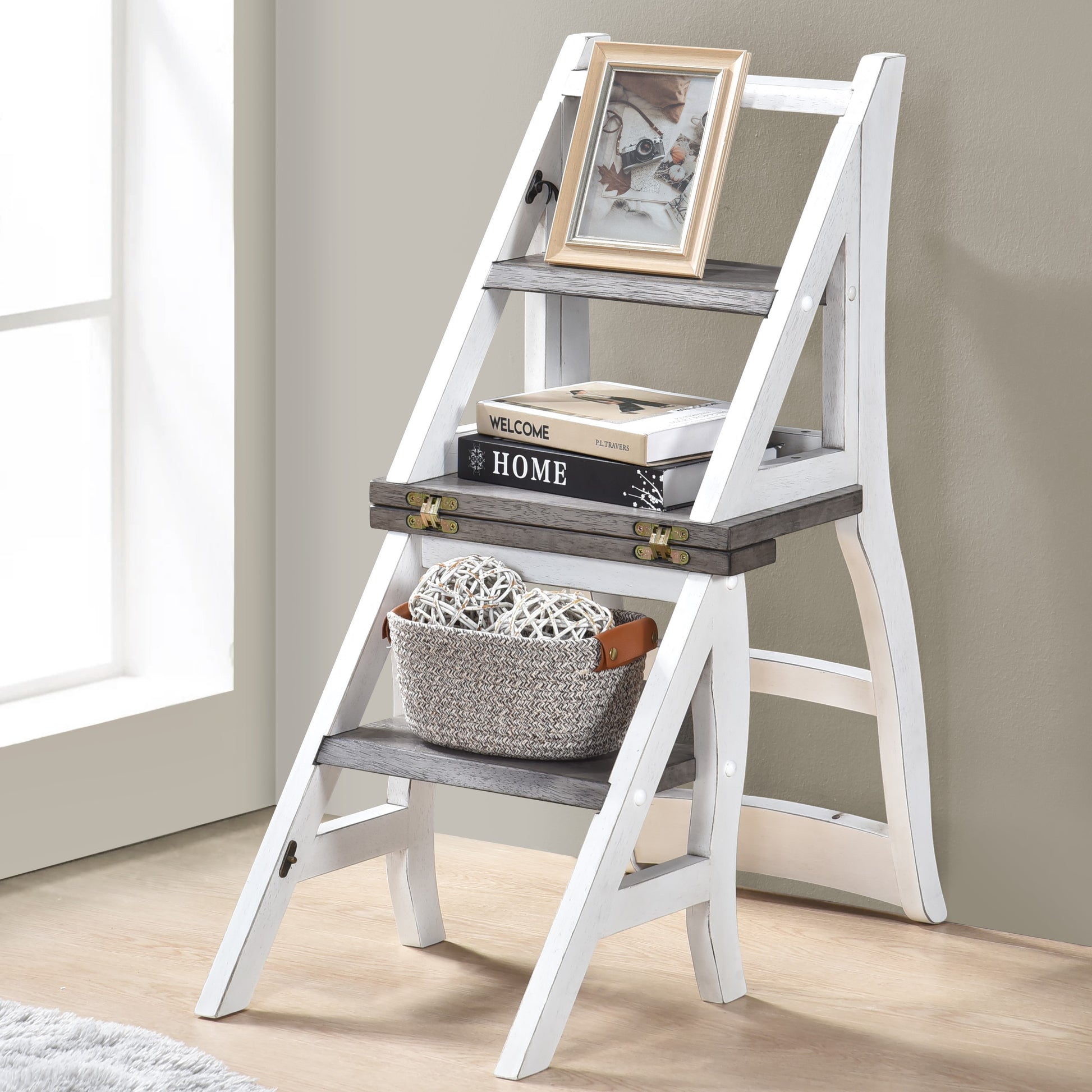 White and grey rustic step stool shelf with decorative items