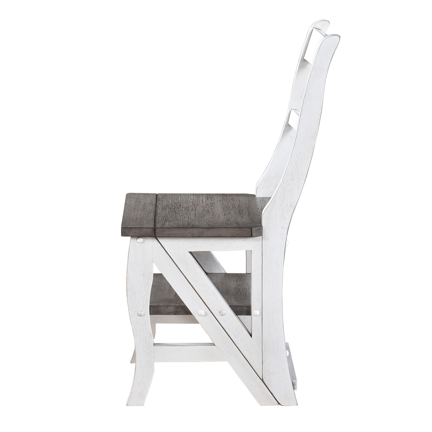 White distressed farmhouse bar stool with gray wood seat