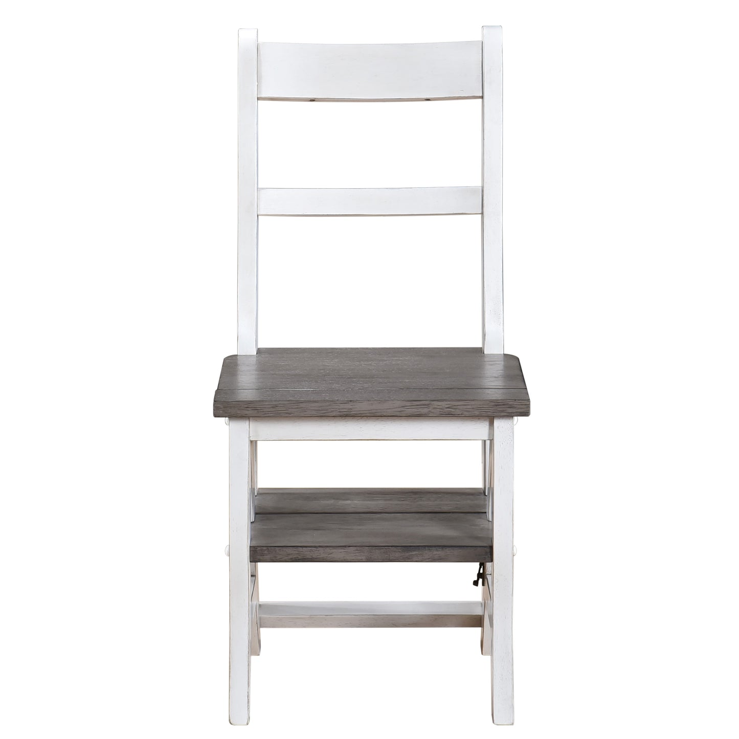 White and grey wooden farmhouse dining chair with slatted back