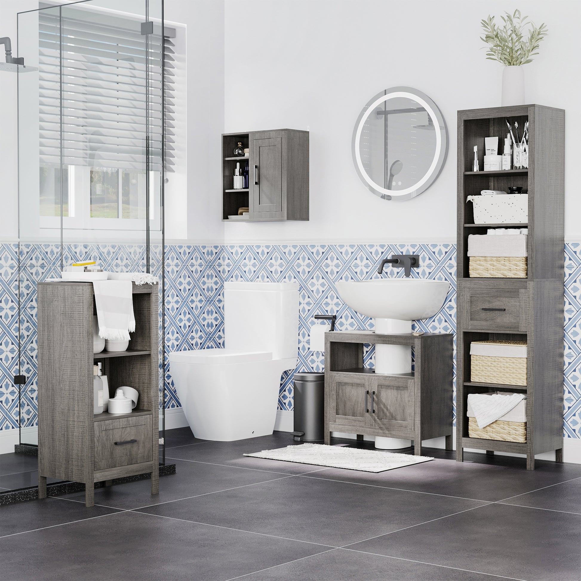 Gray wood tall bathroom storage cabinet with open shelves and a drawer