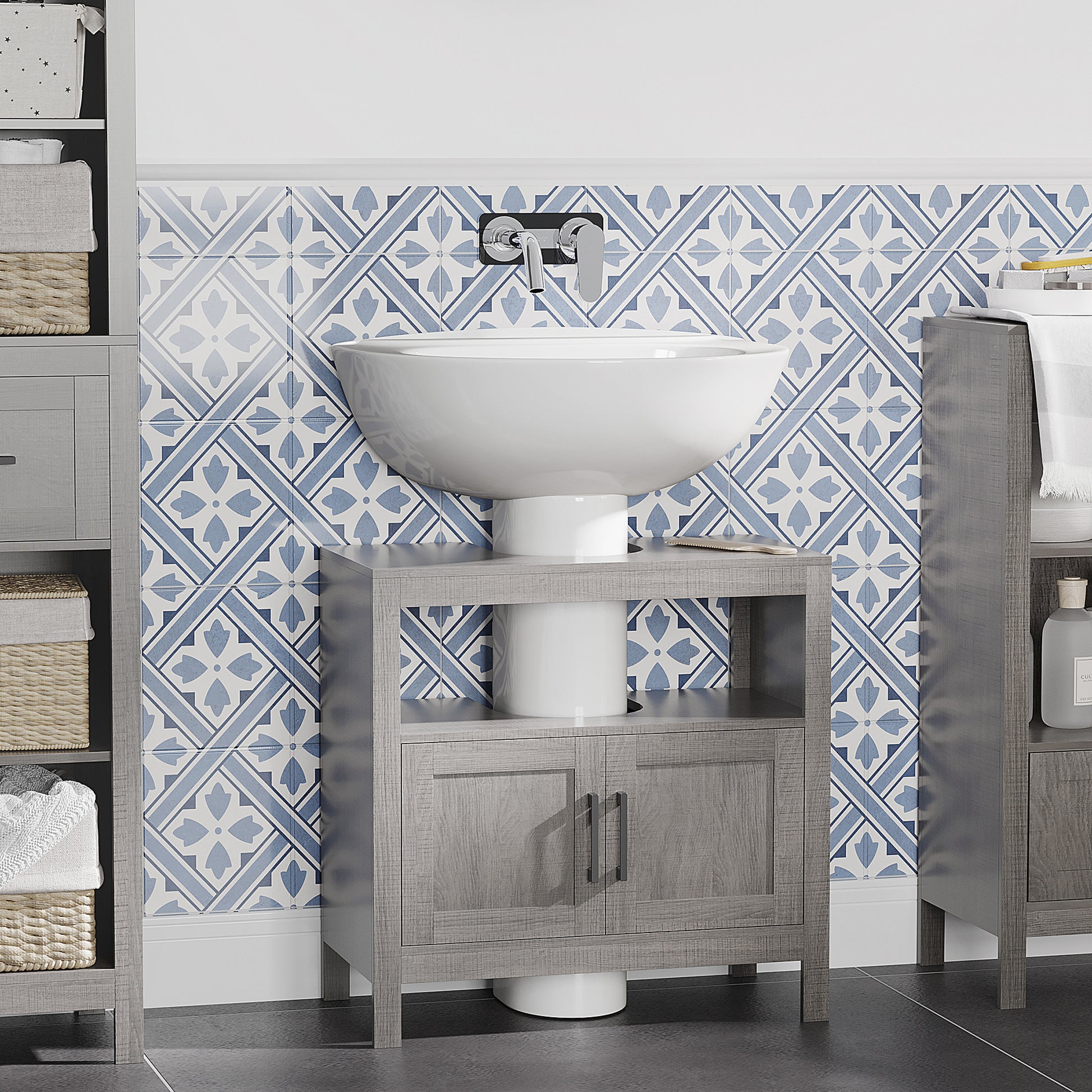 Gray wood bathroom vanity with open shelf and double doors below white vessel sink