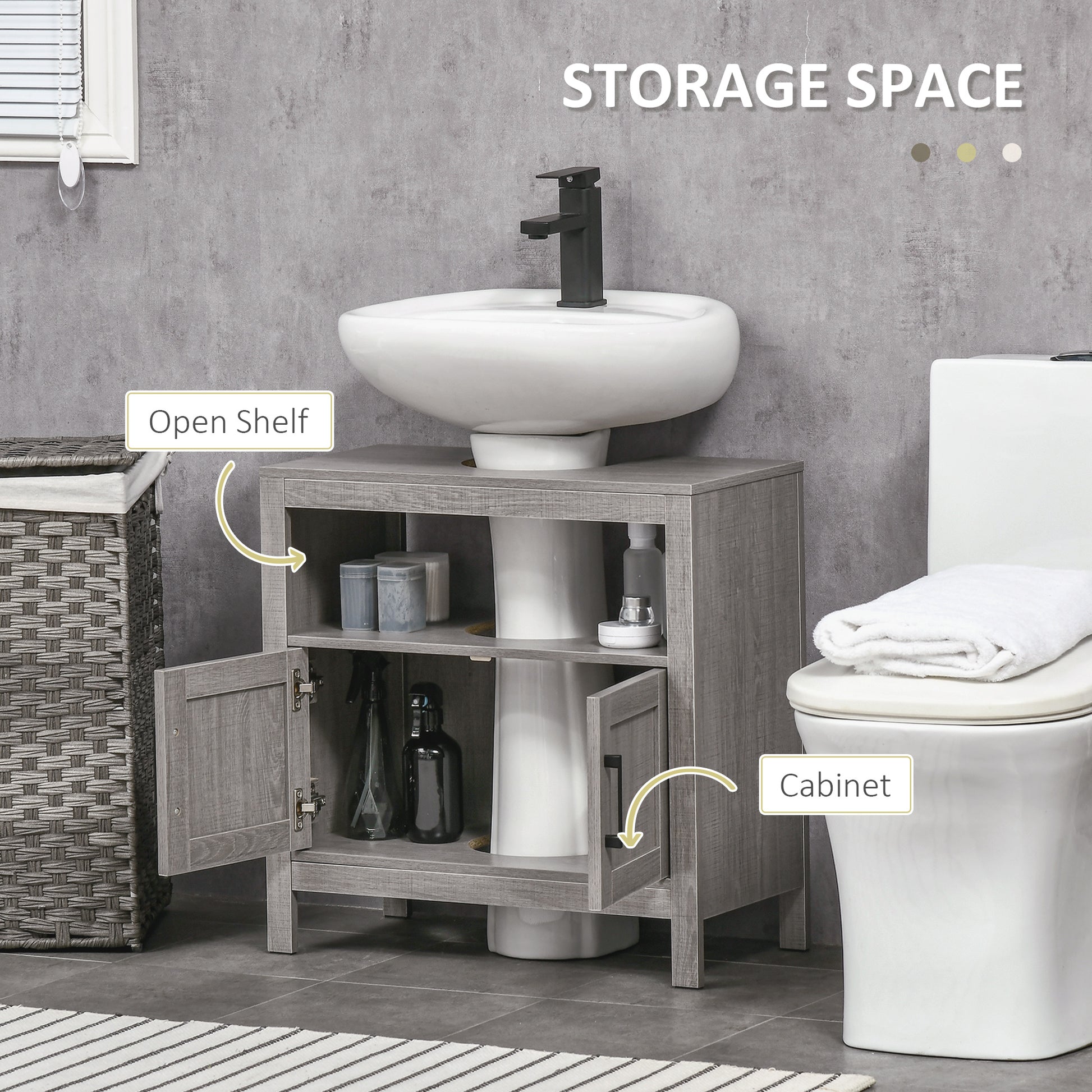 Grey wood undersink bathroom cabinet with open shelf and doors