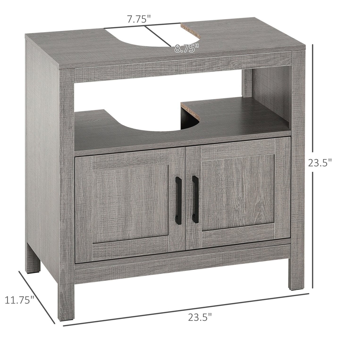 Gray wood grain bathroom vanity with two cabinet doors and open shelving
