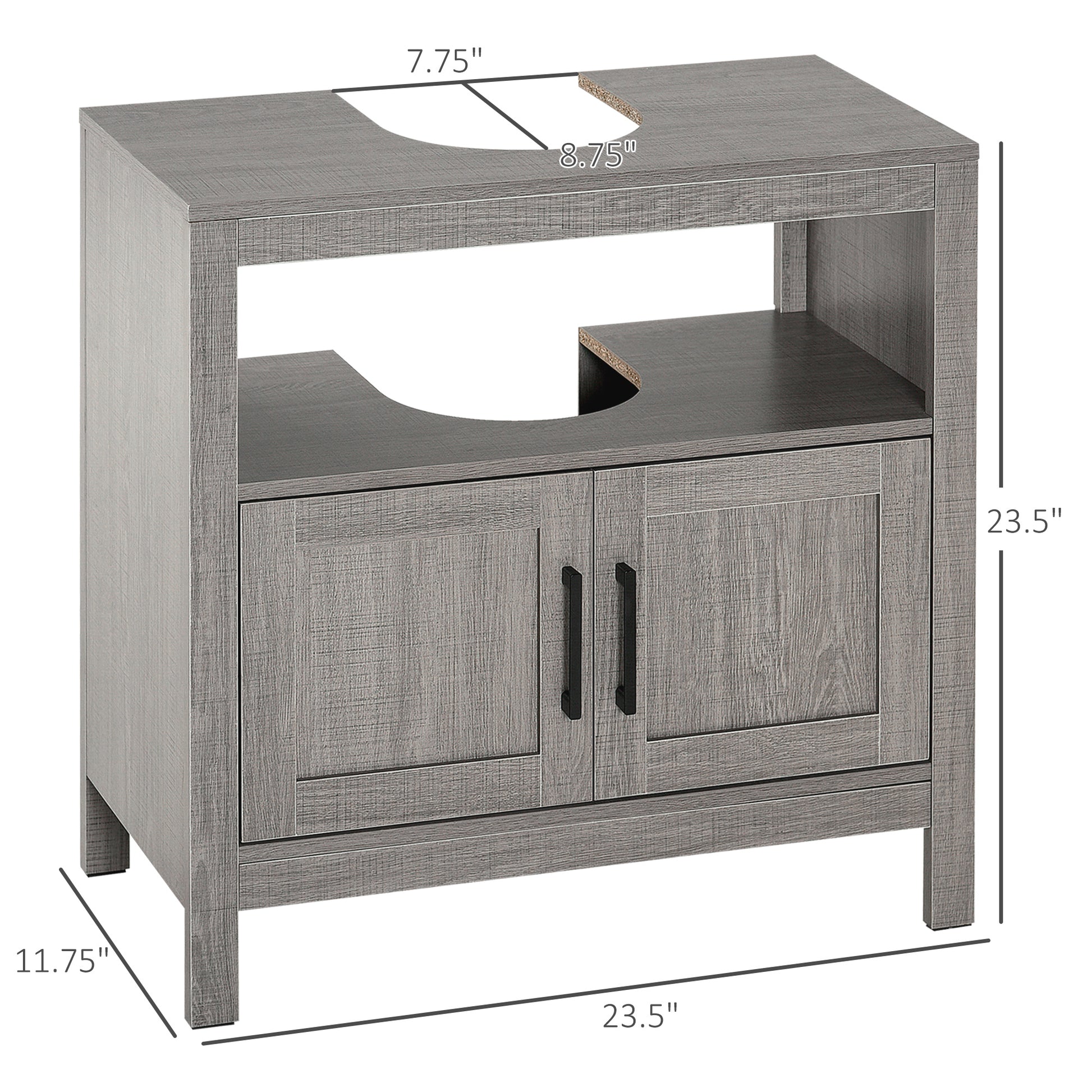 Gray wood grain bathroom vanity with two cabinet doors and open shelving