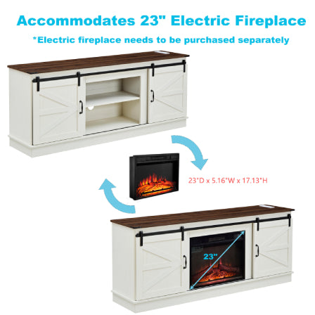 White farmhouse tv stand with dark wood top