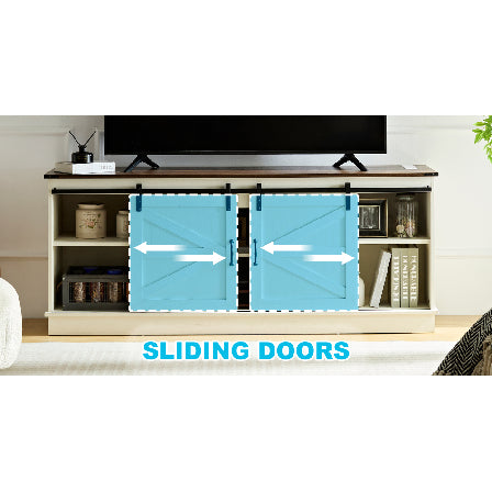 Light blue barn style sliding doors on a cream media console