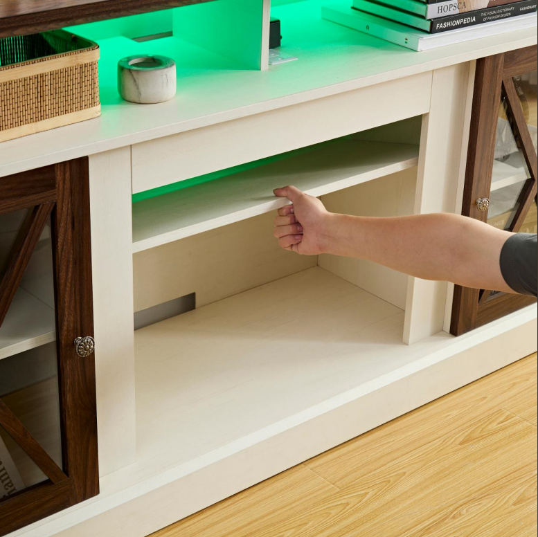 Cream and dark wood media console with adjustable shelf