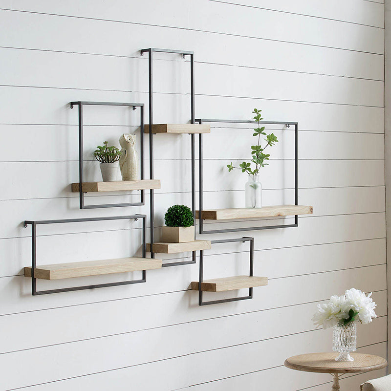 Modern floating shelves with wood and metal