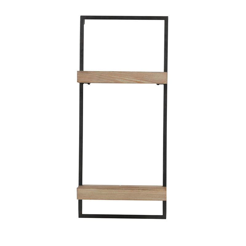 Modern black metal wall shelf with light wood planks