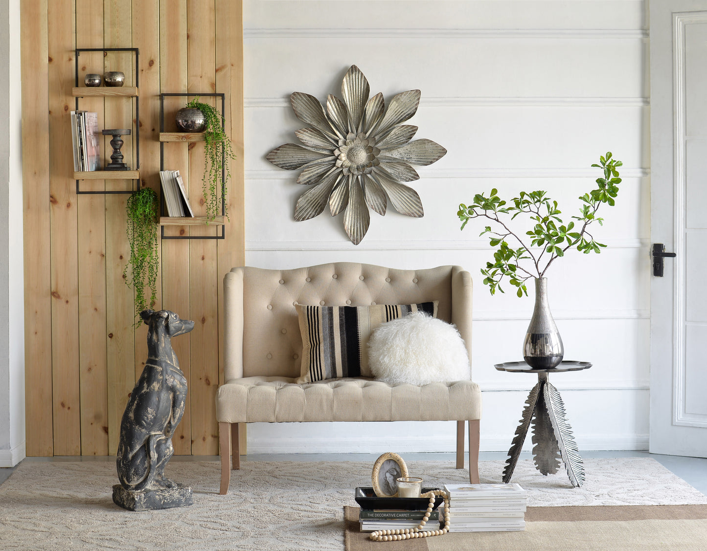 Elegant tufted bench in beige fabric with decorative throw pillows
