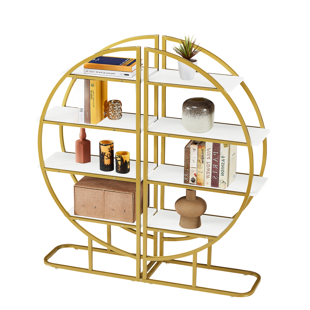 Modern gold circular bookshelf with white shelves and decorative items